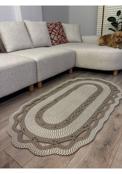 Mavaux Sarmaşık Model Oval Hasır Görünümlü Jüt Kilim Paspas Halı Taş