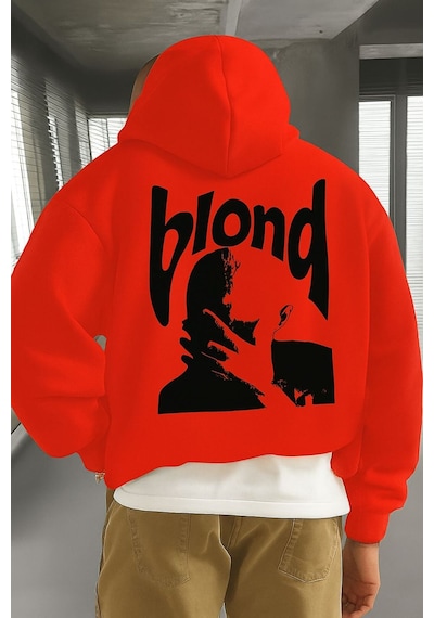 Benroma 3 İplik Penye Blond Baskılı Ünisex Kapüşonlu Sweat Kırmızı
