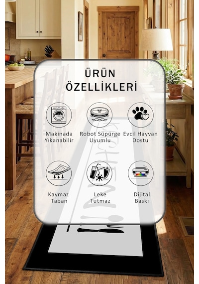 Kitchen Acık Gri Siyah Kenar Siyah Yıkanabilir Mutfak Halısı Gri - Siyah