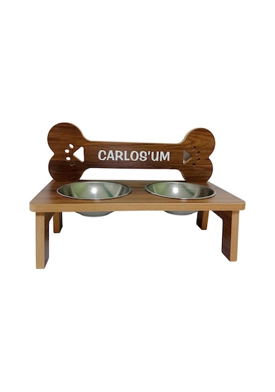 Realwood Ahşap Çelik Kaseli Özel İsim Baskılı Büyük Orta Irk Köpek Mama Su Kabı 1 L