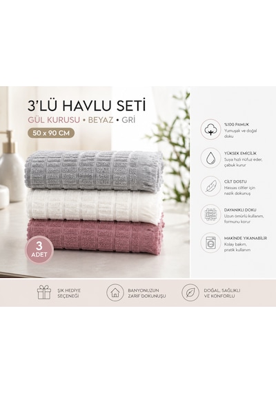 3'lü Pamuklu El Yüz Havlusu Seti 50x90 Cm Yumuşak Dokulu Yüksek Emici Günlük Kullanım Havlu Gri