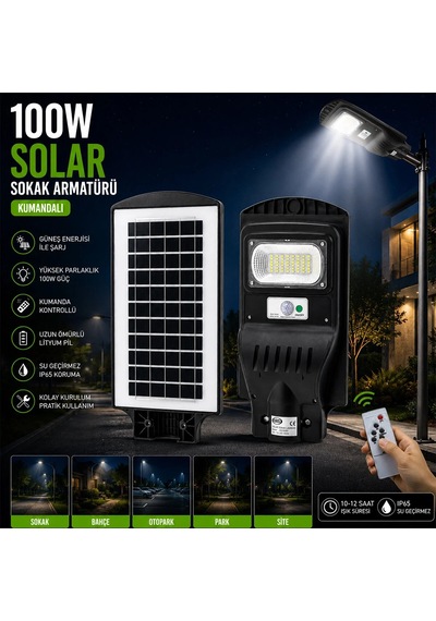 Ers- 100w - 6500k Solar - Güneş Enerjili Sokak Lambası - Armatür Sensörlü Bahçe-balkon-sokak Ars-348964