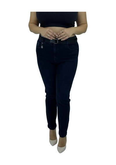 Büyük Beden Denim Toparlayıcı Kemerli Yüksek Bel Boru Paça Kadın Pantolon Lacivert