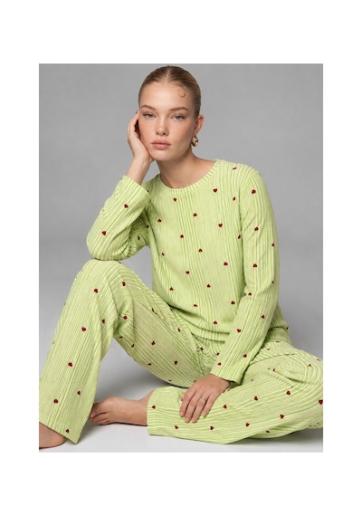 Fit Women Kadın Çizgili Kalp Desenli Uzun Yeşil Pijama Takımı