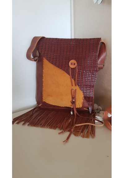 Taba Ve Camel Hakiki Deri El Yapımı Püsküllü Çanta Açık Vizon - Taba
