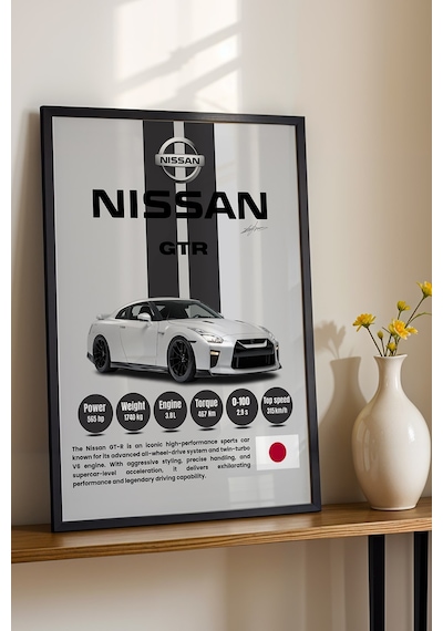 Nissan Gt-r R35 Premium Spor Araba Çerçeveli Tablo - Teknik Özellikli Jdm Otomobil Duvar Dekoru Siyah