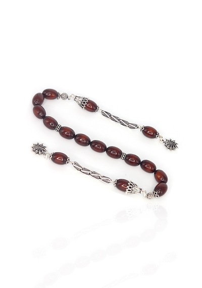 Arpa Kesim Gümüş Püsküllü Fırınlanmış Sıkma Kehribar Zaza Tesbih 201022891 Bordo