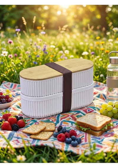 Makri Home 2'li Bambu Kapaklı Saklama Ve Beslenme Kutusu 2 Katlı, 20 X 9 X 5,5 Cm Şeffaf
