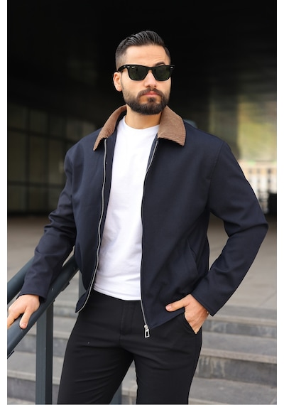 Kadife Yakalı Trucker Model Ceket Lacivert