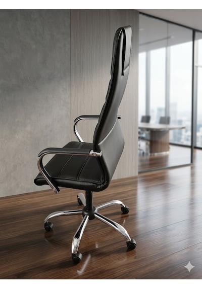 Müdür Ofis Koltuğu, Yönetici Ofis Koltuğu, Siyah Deri, Krom Ayak, Yüksek Sırt Siyah