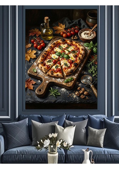 Odun Tahtada Domatesli Pizza Dilimleri Dekoratif Kanvas - Mdf Ahşap Tablo Çok Renkli