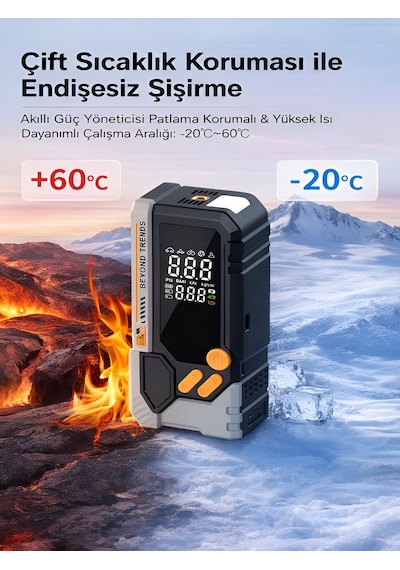 10000mah Akü Takviyeli Hava Pompası Kompresör Powerbank 150 Psı Led Fener Akıllı Basınç Siyah - Abs+