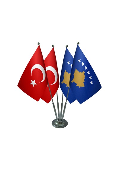 Masa Üstü Kosova Bayrağı Türk Bayrağı Dörtlü Krom Direk Masa Bayr