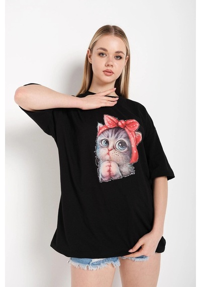 Startmore Kadın Siyah Kedi Baskılı Oversize Tişört Siyah