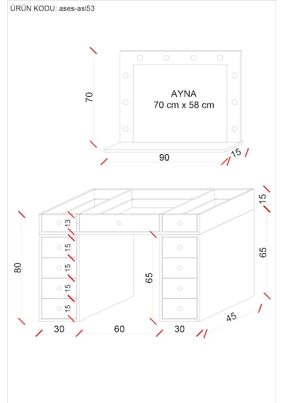 Ases Mobilya Asl53 Hollywood Işıklı Makyaj Masası Bol Çekmeceli Modern Tasarım Beyaz