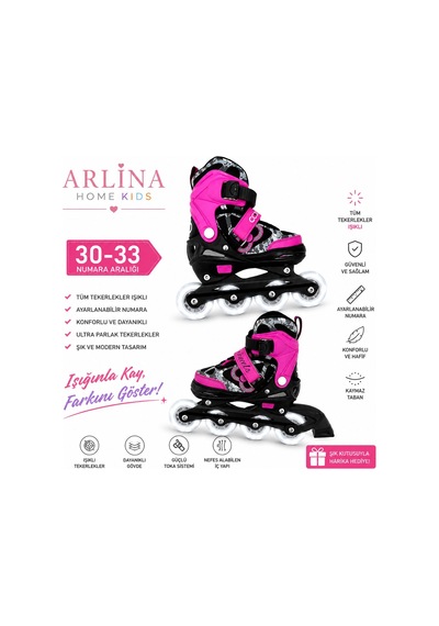 4 Teker Led Işıklı Ayarlana Bilir Glow Paten Pembe 30-33
