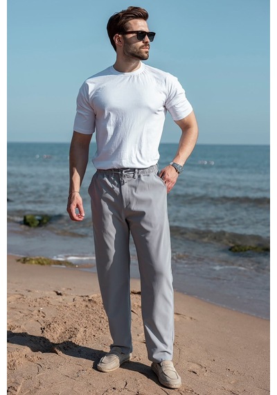 Madmext Boyalı Gri Beli Lastikli Relaxed Fit Jakarlı Erkek Pantolon E6593 Açık Gri