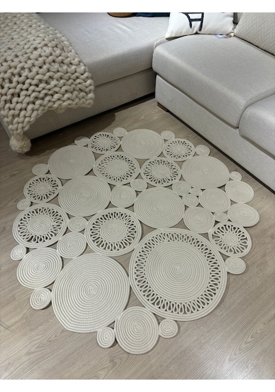 Mavaux Harmony Jüt Doğal Hasır Kilim Bej Geometrik Bohem Yuvarlak El Örmesi Halı Krem