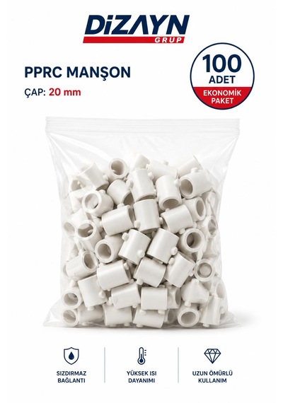 Dizayn Pprc Manşon 20 Mm 100 Adet Pn25 Temiz Su Tesisat Ek Parçası