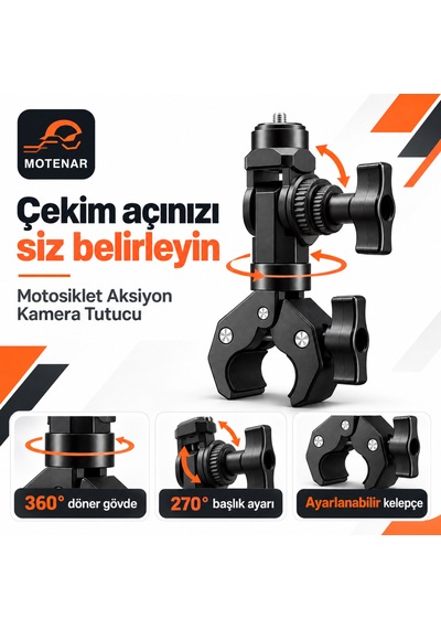 Motenar Aksiyon Kamera Tutucu 360 Ayarlanabilir Djı-insta360-gopro Aksiyon Kamera Uyumlu Siyah