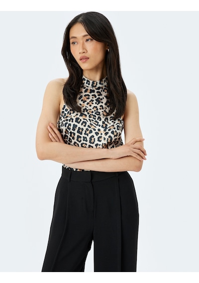 Koton Saten Kolsuz Halter Yaka Leopar Bluz Bej Desenli 5sak60003fw Ekru