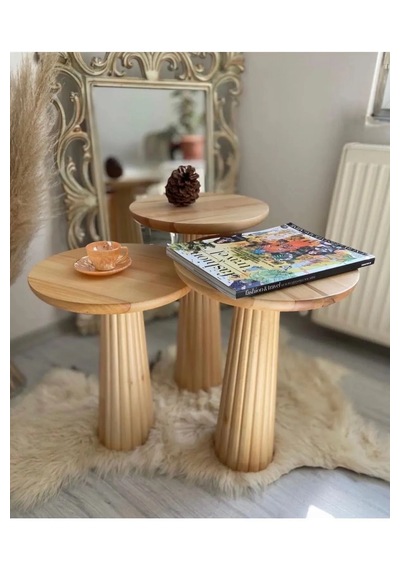 Wood Ahşap 3 Lü Set Fitilli Mantar Yan Sehpa Modern Fiskos