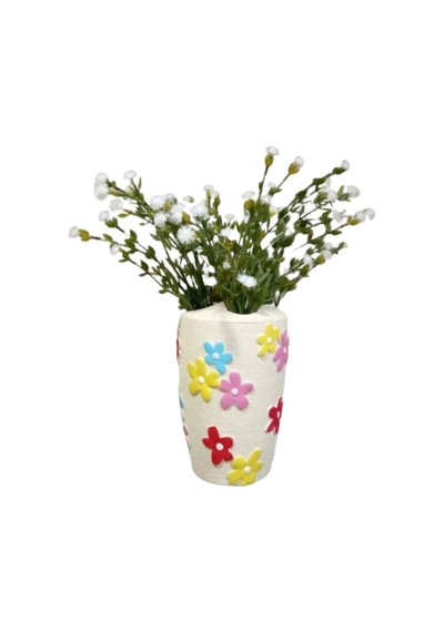 Vazoda Beyaz Yapay Çiçek Dekoratif Renkli Papatyalı Poliresin Vazo Dahil 5 x 5 x 16 CM