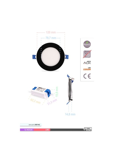 ACK 6W Sıva Altı Yuvarlak LED Panel Armatür Siyah Gövde 6500K Bey