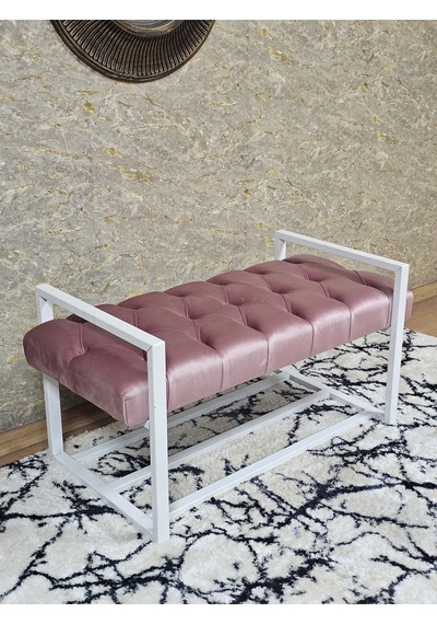Zafir Beyaz Boyalı Metal 80 Cm Puf Bench - Antre Puf - Hol Bench - Puf - Oturak - Bench Pembe