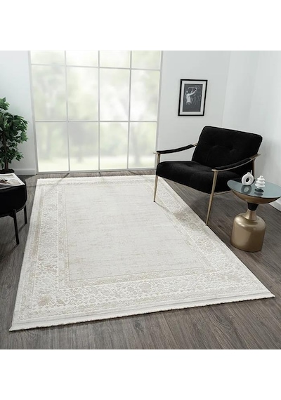 Elegance Eg002a Gri Halı Bej Detaylı Çerçeveli Modern Viskon Doğal Iplik Bambu Halı Tozu Az-55 Bej-beyaz