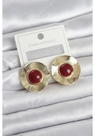 Mey İthalat Vintage Model Bordo Gold Renk Pirinç Kadın Küpe Çok Renkli