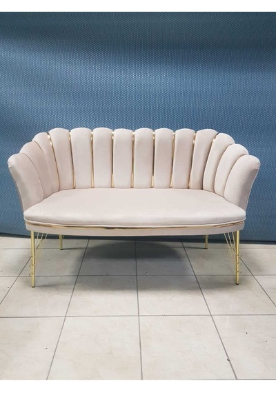 Garden House Papatya Krem Yeşil Babe Face Kumaş Gold Metal Ayaklı Çay Seti Koltuk Takımı Berjer