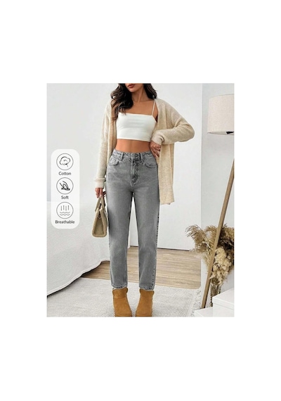 Kene Jeans Yüksek Bel Tam Kalıp Mom Jeans Kar Siyah