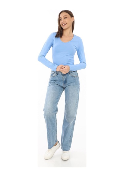 V Yaka Slim Fit Tişört-mavi Mavi