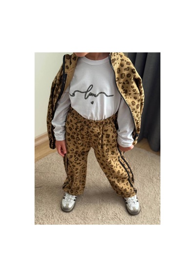 Toikids Kız Çocuk Gabardın Kumaş,leopar Şerit Detaylı 3lü Takım Kahverengi