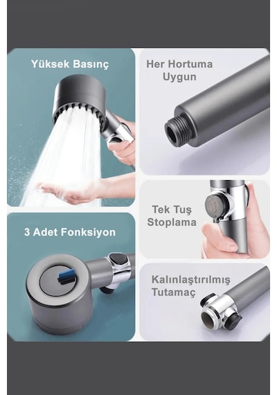3 Fonksiyonlu Start Stop Tuşlu Filtreli Basınçlı Masaj Etkili Duş Gri