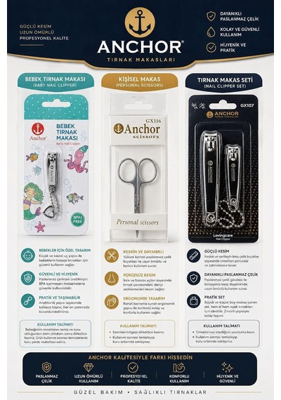 Anchor Profesyonel Bakım Seti, Bebek Tırnak Makası, Gx116 Kişisel Makas Ve Gx107 Tırnak Makası, Paslanmaz Çelik