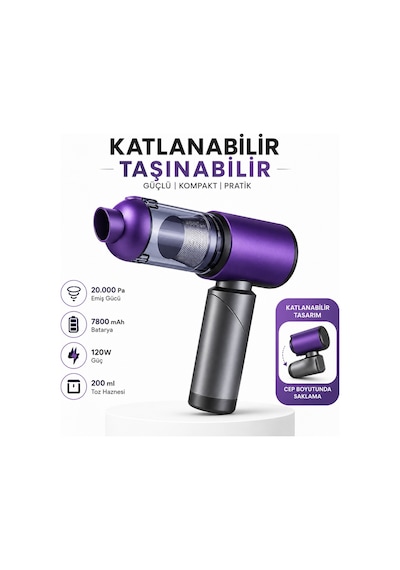 20.000 Pa Kablosuz Araç Süpürgesi 120w Güçlü Emiş 7800 Mah Şarjlı El Süpürgesi 8 Başlıklı Hepa Filtreli Mini Vakum Mor