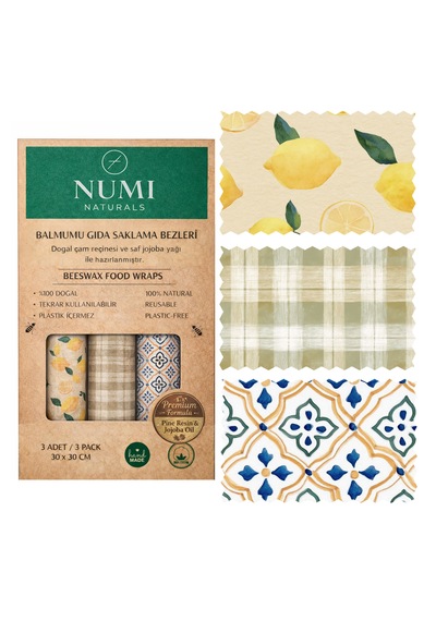 Balmumu Gıda Saklama Bezleri Premium 3 Lü Set 30 30 Cm - Blue & Lemon Serisi Çok  Renkli