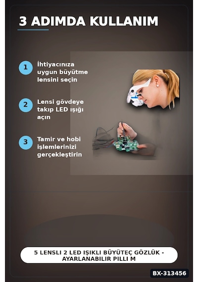 5 Lensli 2 Led Işıklı Büyüteç Gözlük - Ayarlanabilir Pilli Model, Hobi Ve Tamir İçin Bx-313456
