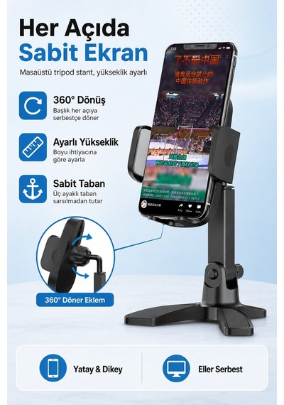 Masaüstü Telefon Standı 360 Derece Dönebilen Başlıklı Ayaklı Telefon Tripodu Siyah