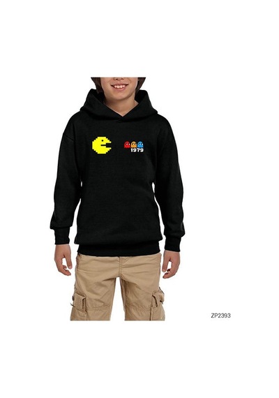 Zepplin Giyim Pac-man Pixel Siyah Çocuk Kapşonlu Sweatshirt