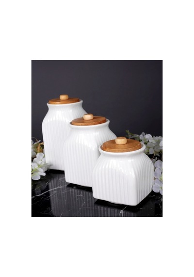 2 Li Set 6 Parça Bambu Standlı Papatya Porselen 1000ml Yağdanlık Ve 3 Lu Kavanoz Saklama Seti Beyaz Beyaz