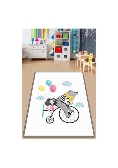 Bike Bear Djt Çocuk ve Bebek Halısı Yıkanabilir ,Kaymaz Taban Çok Renkli