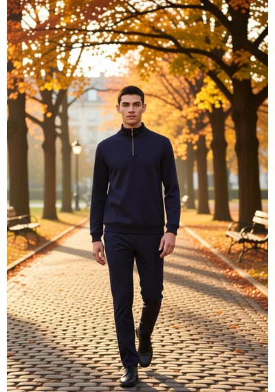 Benerly Erkek Dik Yaka Fermuarlı Standart Kol Regular Kalıp Sweatshirt Fo Lacivert