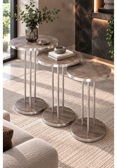 Sulorahome Mor Ve Gümüş Metal Ayaklı 3'lü Zigon Sehpa Takımı