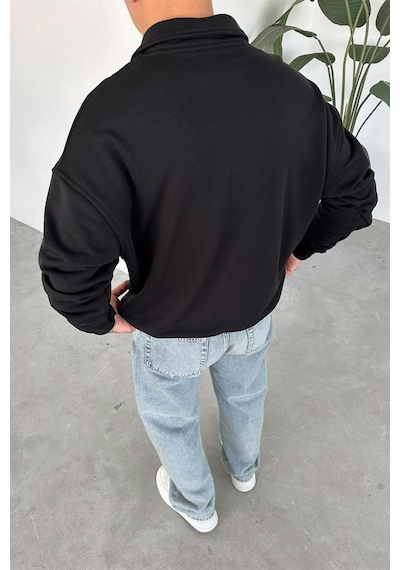 Siyah Ow Nakış Yarım Fermuarlı Sweatshirt Siyah