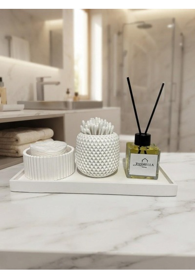 Minimal Beyaz Banyo Seti + Pamukluk + Kulak Çubuğu Kabı + Soft Romantica Difüzör + Dekoratif Tepsi