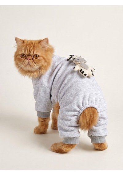 Moo Moo Cozy Kedi Tulumu Gri Melanj Kalın Penye Kedi Kıyafeti