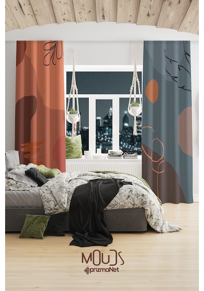 Best Pastel Desenli Süet Oturma Odası Salon Fon Perde Baskılı Ekstrafor Büzgü 2 Kanat Prd-1049 Çok Renkli